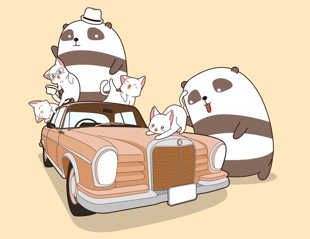 Panda e gatti Kawaii con auto d'epoca.