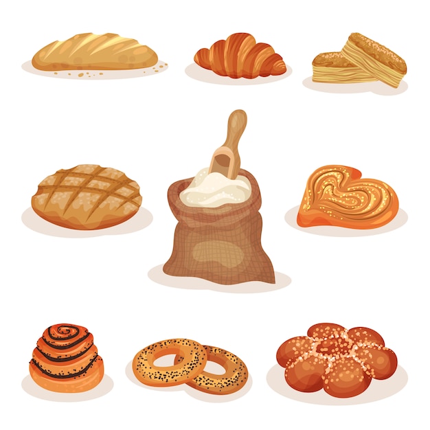 Pane appena sfornato e prodotti da forno pasticceria set, pagnotta, panini dolci, cornetto, bagel Illustrazione su uno sfondo bianco