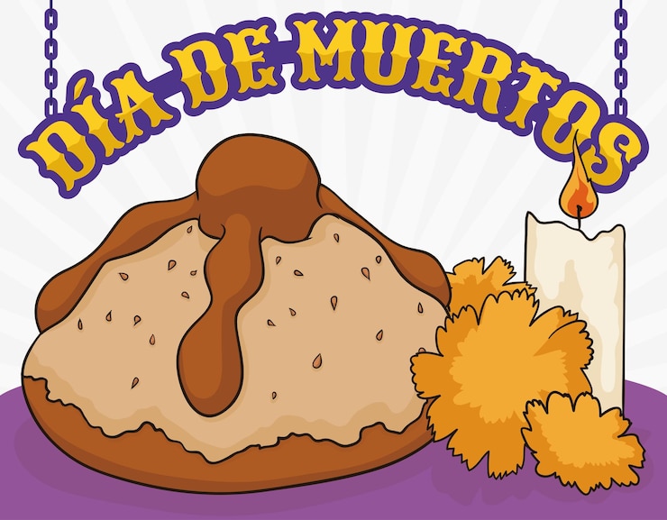 Vettore pane dei morti con fiori di calendula gialli e candela accesa che celebra il dia de muertos