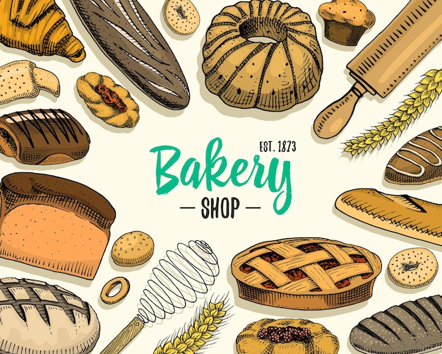 Pane e pasticceria ciambella pagnotta lunga e torta di frutta dolce panino o croissant muffin e toast incisi disegnati a mano nel vecchio schizzo e stile vintage per etichetta e menu panetteria sfondo di alimenti biologici