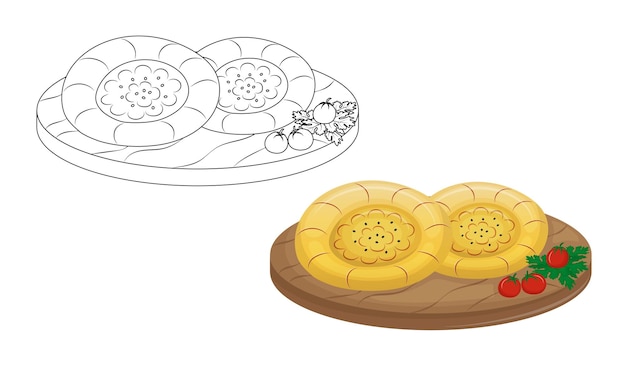 Pane tradizionale dell'Asia centrale cotto in tandoor Libro da colorare per bambini per la scuola Pane piatto Tandyr