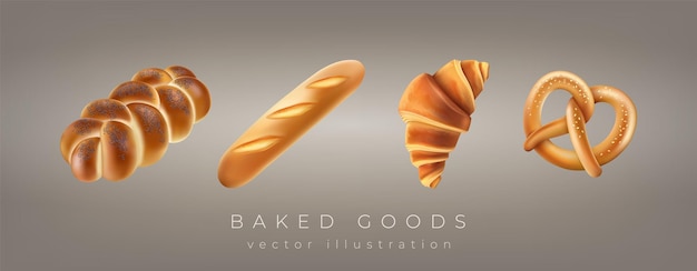 Panetteria 3D Simbolo di cottura di pane Croissant baguette e pretzel tedesco Challah Icona grano colazione cottura pasticceria prodotto di dolci di grano Rendering vettor isolato set realistico