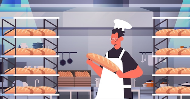 panettiere maschio in uniforme che tiene il pane prodotti da forno cottura al forno fabbricazione concetto ritratto orizzontale illustrazione vettoriale