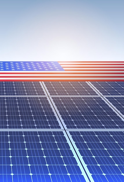 Pannelli solari e bandiera americana concetto di guerra commerciale tecnologia dell'energia solare con bandiera americana sullo sfondo