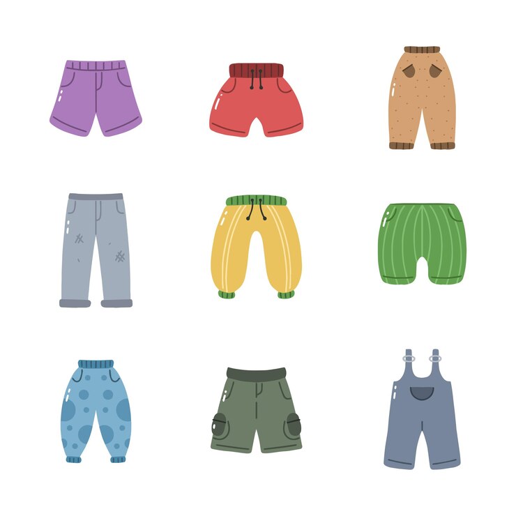 Pantaloni per bambini abbigliamento collezione di icone stile disegnato a mano illustrazione isolata