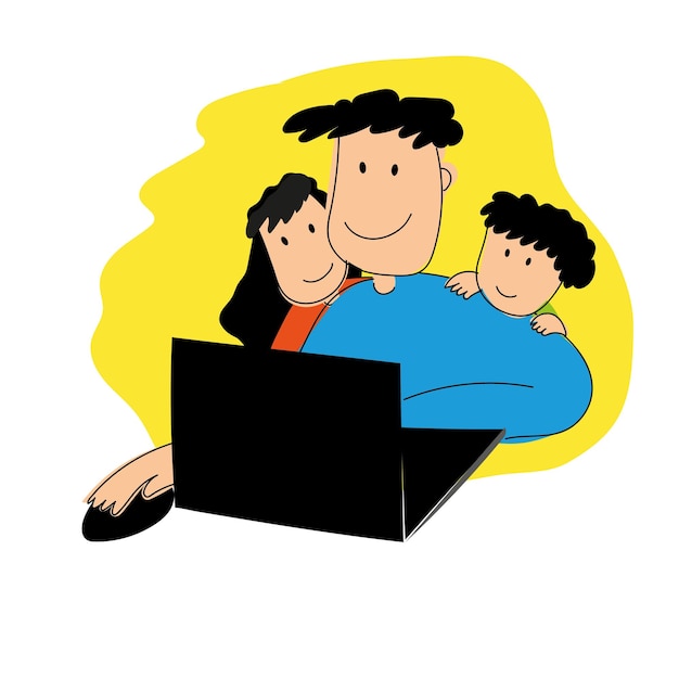Papà con i figli davanti al portatile