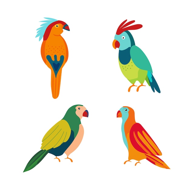 Pappagalli di personaggi dei cartoni animati multicolori Uccello esotico impostato su uno sfondo bianco Vettore isolato