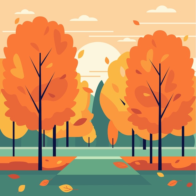 Parco autunnale con aranci Stagione autunnale con nuvole di sole e foglie luminose che cadono dagli alberi
