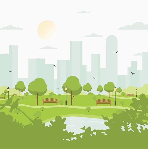 Parco cittadino contro grattacieli. Paesaggio con alberi, cespugli, lago, uccelli, lanterne e panchine. Illustrazione quadrata di vettore colorato in stile cartone animato piatto.