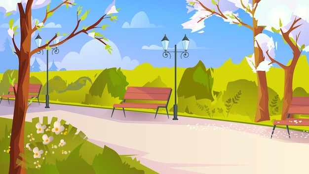 Parco cittadino in primavera in stile cartone animato piatto