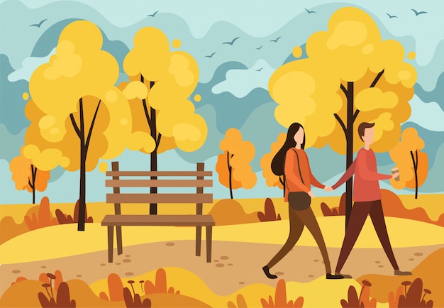 Parco d'autunno con una panchina e una coppia che cammina in amore. illustrazione di un parco in autunno dei cartoni animati.