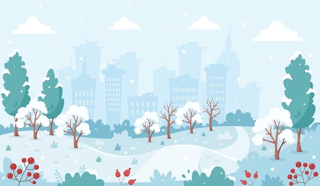 Parco invernale innevato sullo sfondo della città Paesaggio invernale