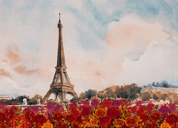 Parigi Paesaggio della città europea Francia Torre Eiffel con rose rosse in autunno Pittura ad acquerello