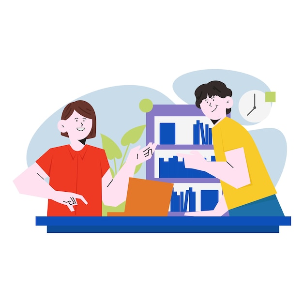 Parlando con un amico in ufficio in un'illustrazione piatta