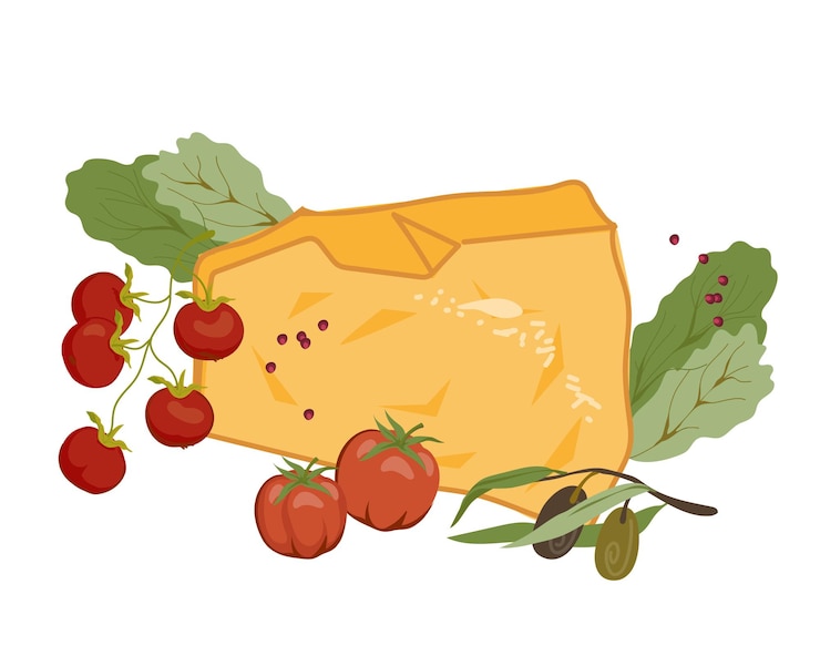 Vettore parmigiano reggiano italiano grana padano parmigiano reggiano con vettore di pomodori