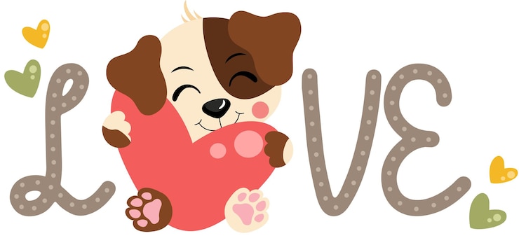 Vettore parola d'amore con un simpatico cane che tiene in mano un cuore