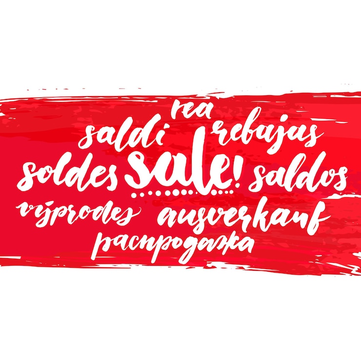 Vettore parola di vendita in diverse lingue europee. soldes, soldi, rebujas, saldos, ausverkauf e rea. banner di liquidazione rosso con testo di calligrafia di script.