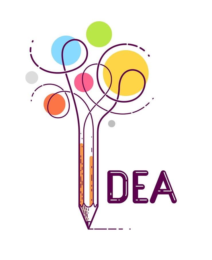 Vettore parola idea con matita invece della lettera i, creatività e concetto di brainstorming, logo creativo concettuale vettoriale o poster realizzato con caratteri speciali.