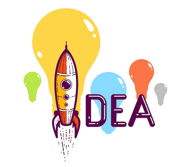 Parola idea con razzo invece della lettera I, creatività e concetto di brainstorming, logo creativo concettuale vettoriale o poster realizzato con font speciale.