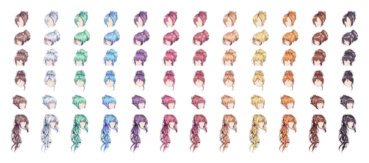 Vettore parrucche per acconciature anime manag set di capelli isolati