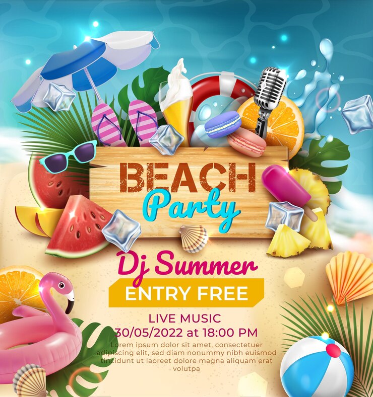 Parte di spiaggia Ingresso gratuito Invitazione Annunci Banner Concept Poster Card Vector
