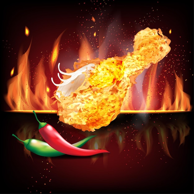 Parti di pollo fritte con peperoncino rosso e verde su fuoco nero rosso 3d illustrazione vettoriale realistica
