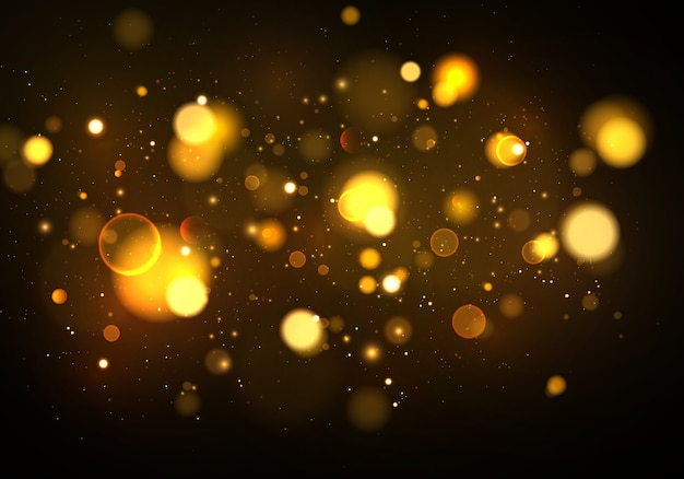 Particelle di polvere magica scintillanti dorate. Sfondo astratto con effetto bokeh.