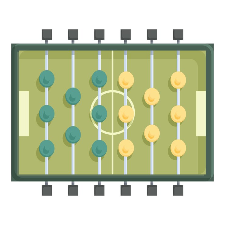 Vettore partita di calcio da tavolo con campo da gioco verde e giocatori gialli e verdi
