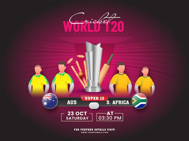 Partita di cricket mondiale T20 della squadra partecipante Australia VS Sudafrica con attrezzatura da torneo 3D su sfondo rosa scuro dello stadio.
