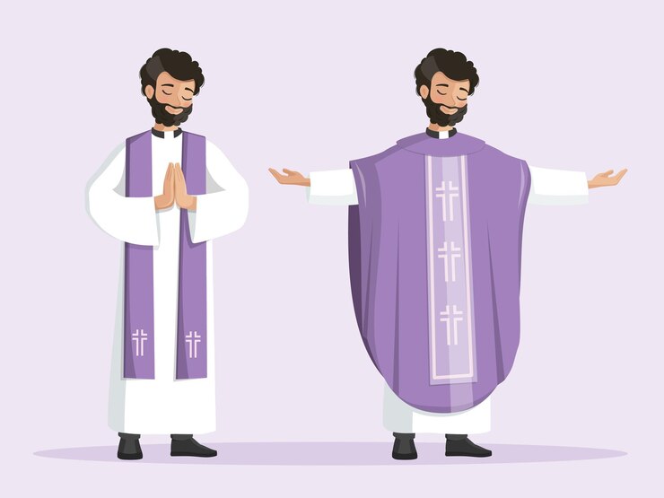Vettore parure giovane sacerdote con stola viola e pianeta