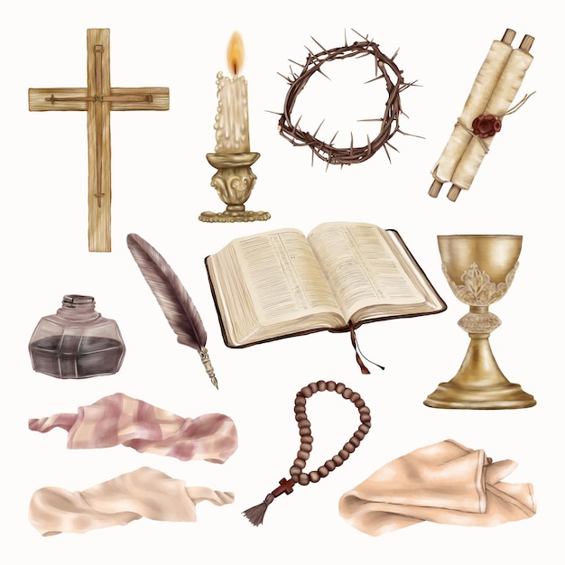 Pasqua religiosa clipart croci, libro biblico, corona di spine