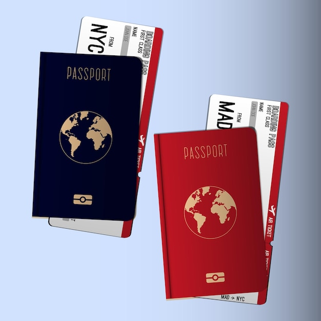 Passaporto americano ed europeo con due biglietti aerei.