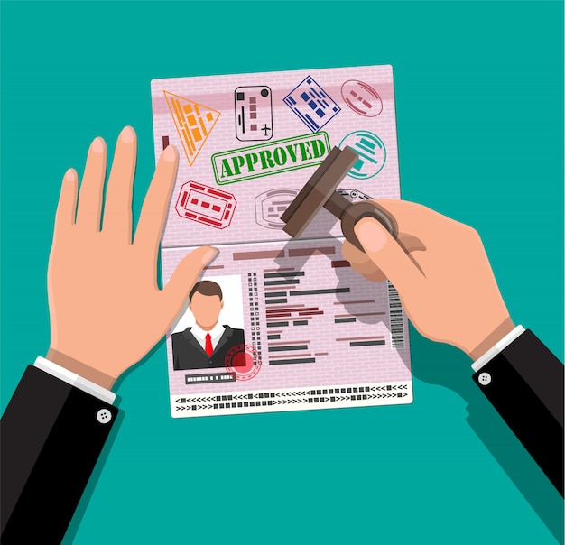 Passaporto internazionale e timbro in mano