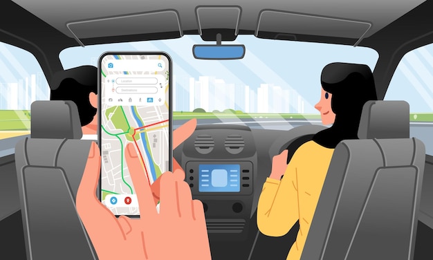 Passeggeri che navigano sulla strada all'interno di una mappa e di un'app mobile persone all'interno dell'auto verso la città