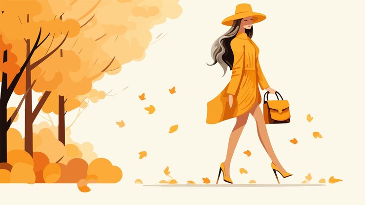 Vettore passeggiata autunnale nel parco donna cammina sulle foglie gialle cadute