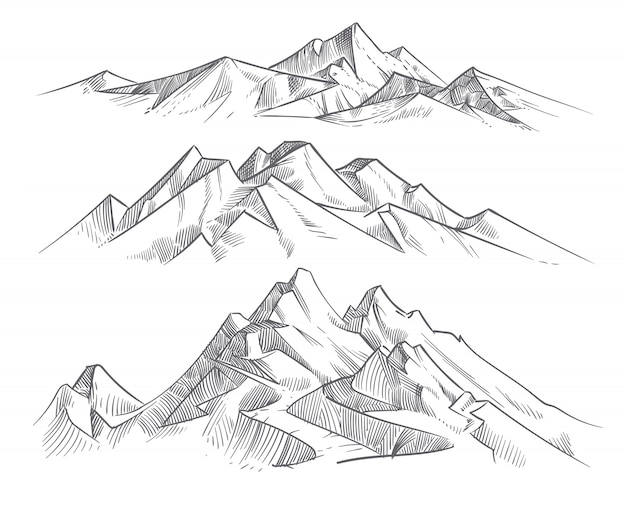 Passi le catene montuose del disegno nello stile dell'incisione. Paesaggio della natura di vettore di panorama delle montagne dell'annata. Schizzo all'aperto di punta, illustrazione della catena montuosa del paesaggio