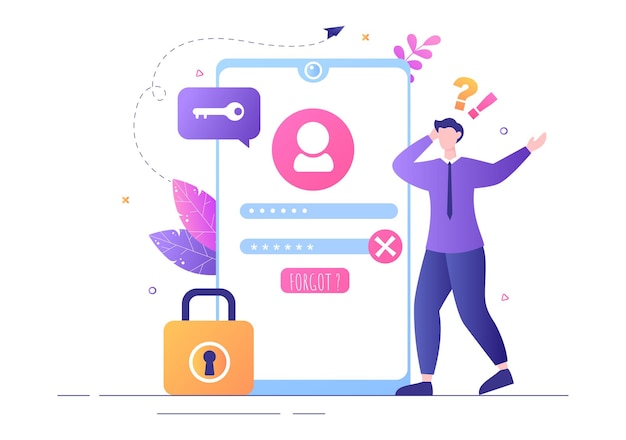 Password dimenticata e accesso all'account per pagina Web, protezione, sicurezza, chiave, sistema di accesso in Smartphone o Computer Flat Vector Illustration