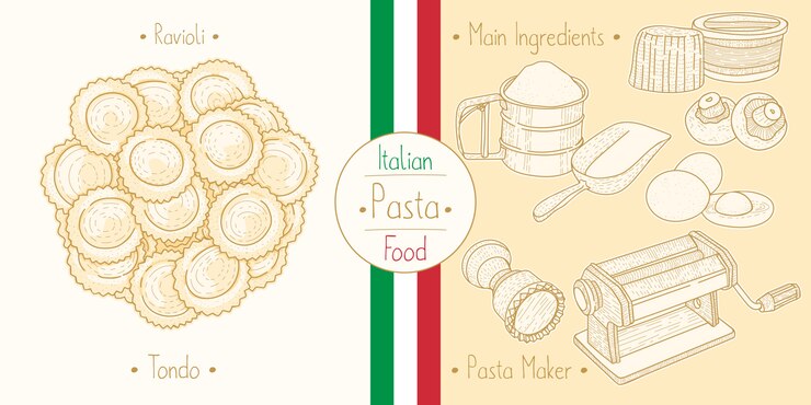 Vettore pasta alimentare italiana con ripieno di ravioli tondo