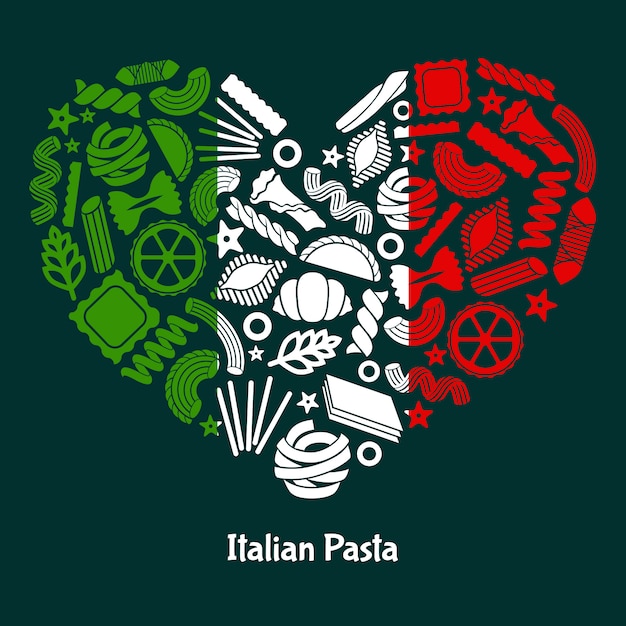 Pasta italiana. Сolor bandiera dell'Italia a forma di cuore