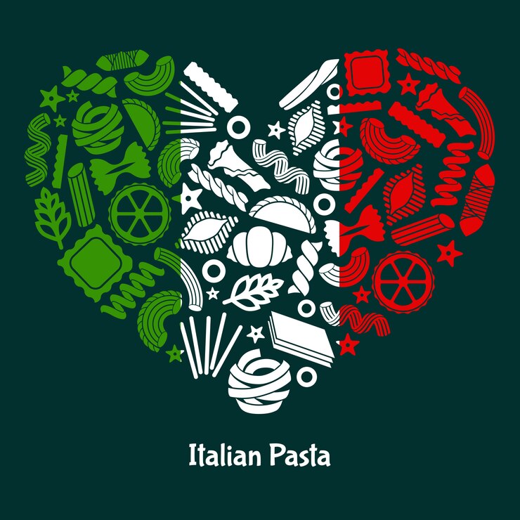 Vettore pasta italiana. сolor bandiera dell'italia a forma di cuore