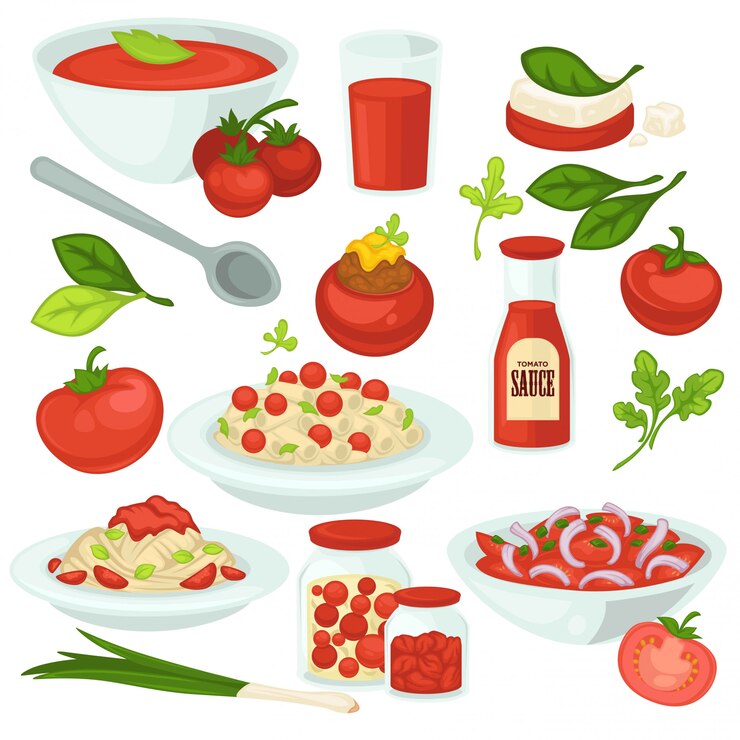 Vettore pasti a base di pomodoro, insalate e piatti con pomodori ingrediente vegetale.