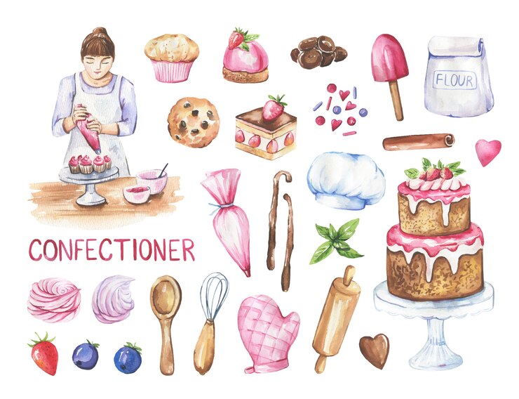Pasticcere donna e collezione di torte, oggetti da cucina.