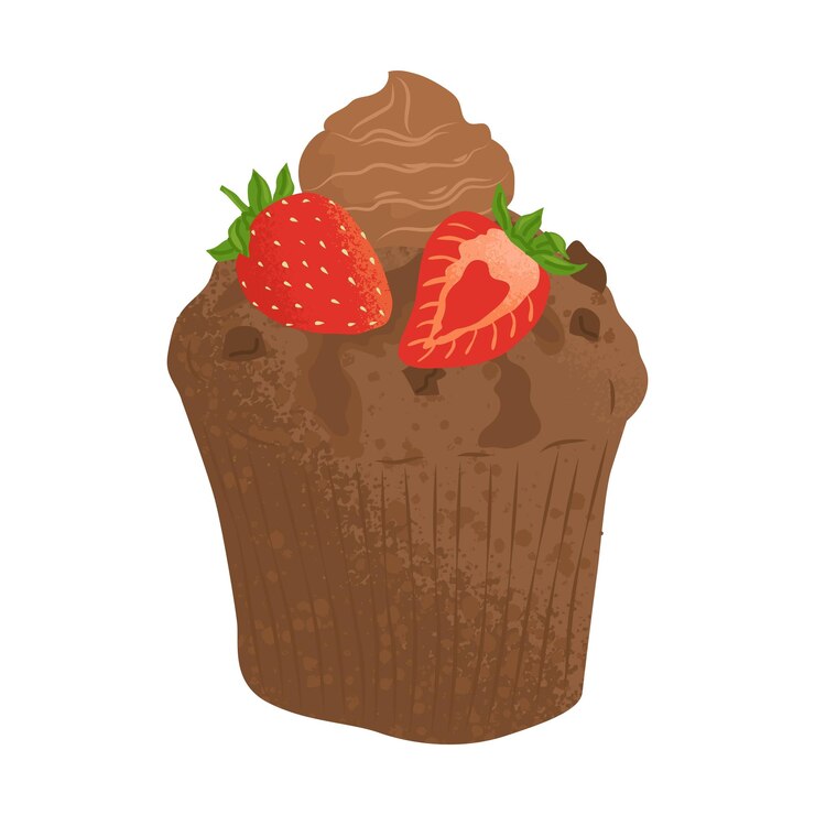 Vettore pasticcini e dessert muffin al cioccolato con pezzi di cioccolata e crema e fragola dolce cucina per caffè e ristoranti illustrazione vettoriale isolata