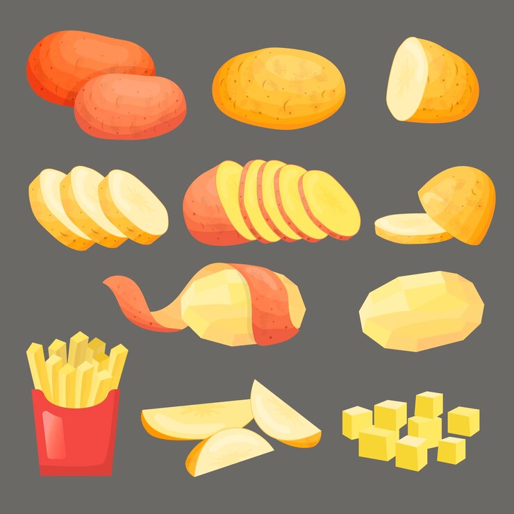 Vettore patate verdure naturali sane affettate prodotti che raccolgono cucinando patatine fritte di patate set di illustrazioni vettoriali recenti