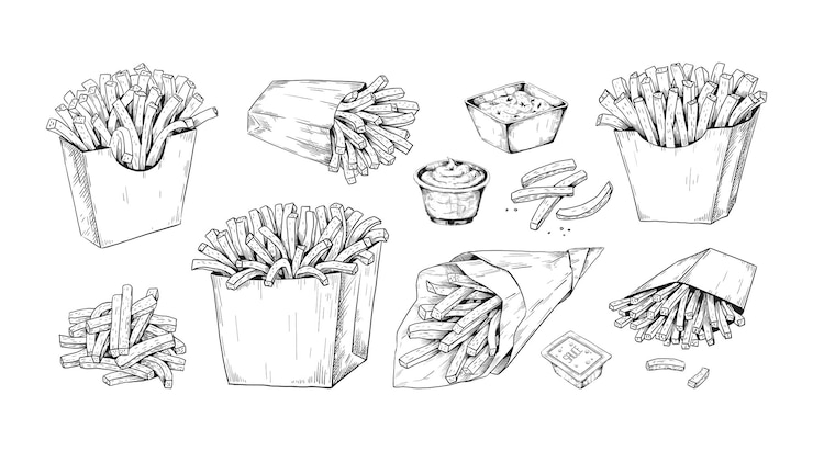 Vettore patatine fritte disegnate a mano menu fast food patate in scatole di cartone e sacchetti di carta con salsa pasto fritto salse incisione elementi di schizzo nutrizione grassa malsana set di snack da asporto isolati vettoriali