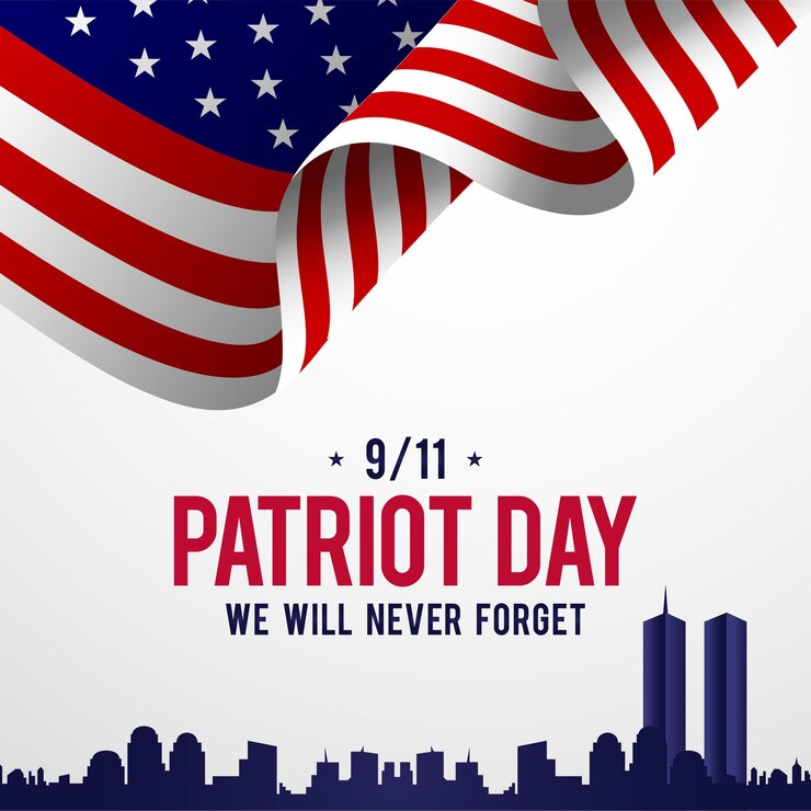 Vettore patriot day background design template con paesaggio della città silhouette delle torri gemelle e bandiera americana