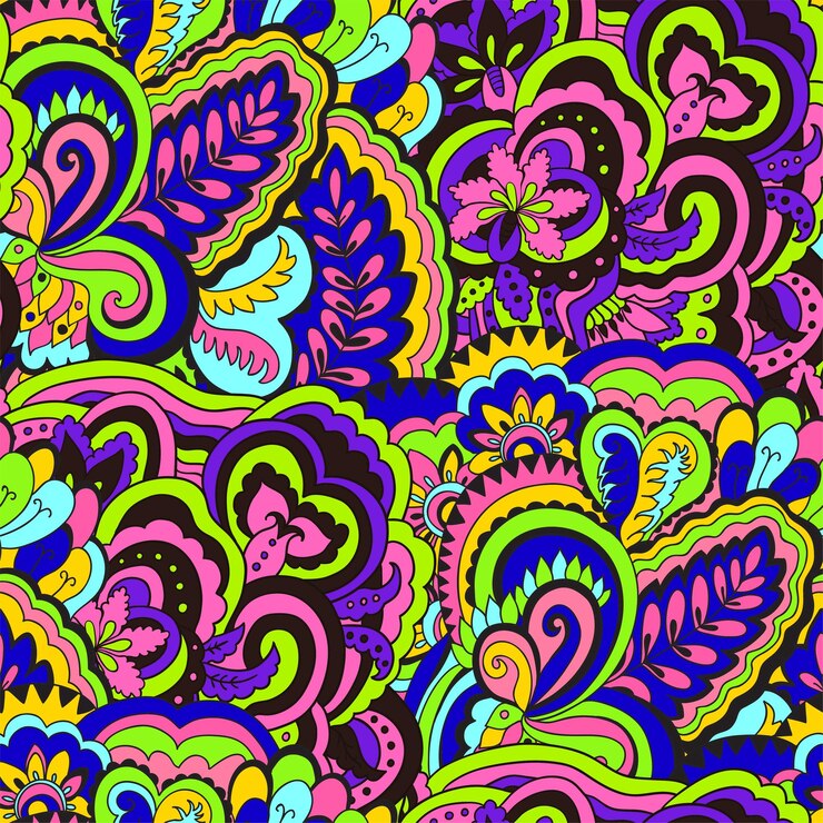 Pattern psichedelico brillante con motivi colorati e ricci di scarabocchi
