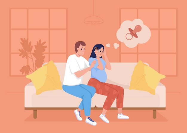 Paura della gravidanza illustrazione vettoriale a colori piatti Aspettando l'ansia del bambino Marito rassicurante Salute mentale La donna ha un attacco di panico 2D semplici personaggi dei cartoni animati con soggiorno sullo sfondo