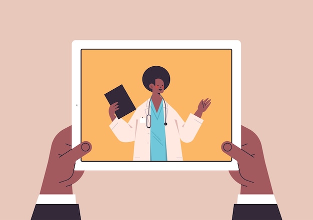 paziente che discute con medico maschio in tablet schermo chat bolla comunicazione consultazione online assistenza sanitaria medicina consulenza medica