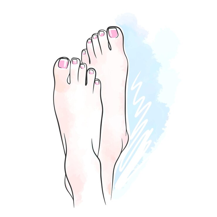 Vettore pedicure francese delle unghie dei piedi su un doodle di bellezza del fondo dell'acquerello